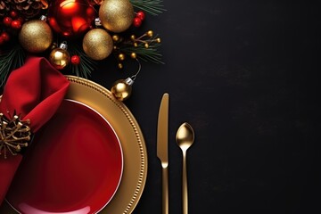 Top view of elegant and festive christmas table setting with xmas decoration and ornaments. Flat lay, mockup