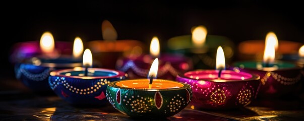 Background with bright colorful clay diya lamps for diwali festival celebration - obrazy, fototapety, plakaty