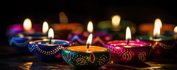 Foto auf Glas Background with bright colorful clay diya lamps for diwali festival celebration © netrun78