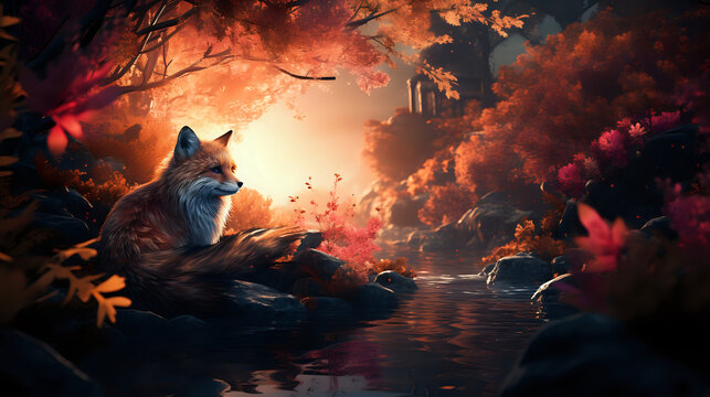 The image portrays a tranquil autumn scene with a brown fox with white chest fur and a long, gray-white tail, sitting on a large rock located in the lower left corner of the image. 