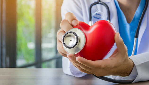 Red heart love shape hand exercise ball with doctor physician's stethoscope on hospital background Hospital life insurance concept World heart health day. doctor day, world hypertension day - Powered by Adobe