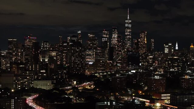Aerial view of Downtown Brooklyn and Lower Manhattan at night