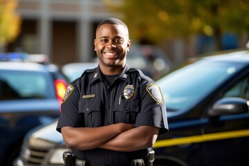 Fototapeta premium Black African American Police officer smile face portrait on city street