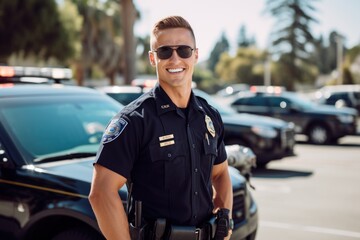 Police officer smile face portrait on city street