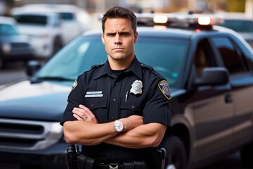 Police officer serious face portrait on city street