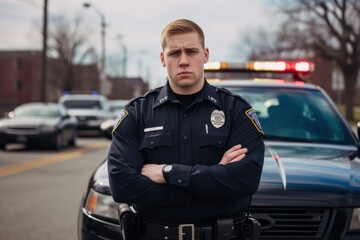 Police officer serious face portrait on city street