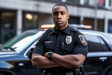 Black African American Police officer serious face portrait on city street