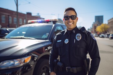 Police officer smile face portrait on city street