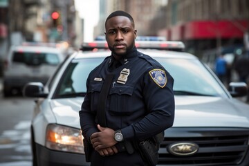 Police officer serious face portrait on city street