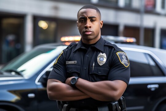 Black African American Police officer serious face portrait on city street