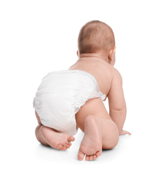 Cute little baby in diaper crawling on white background, back view