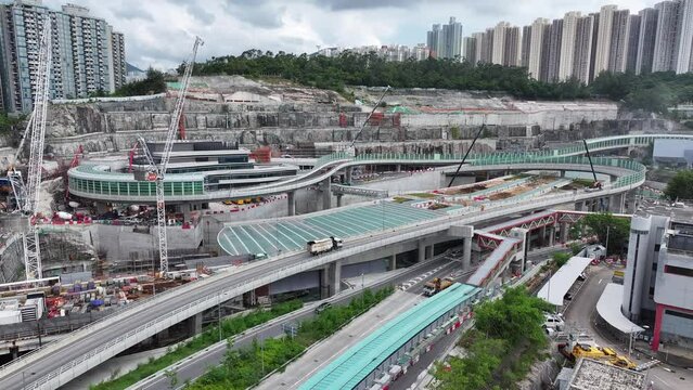 Drone Aerial Skyview in Tseung Kwan O Lam Tin Tunnel Interchange highway under construction flyover ramp motorway road connects Kai Tak Development and Central Kowloon Route in Hong Kong Kwun Tong 