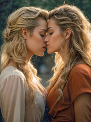 Two beautiful blonde women standing facing each other, lesbian couple being intimate, wearing elegant traditional dresses. Gay couple portrait.
