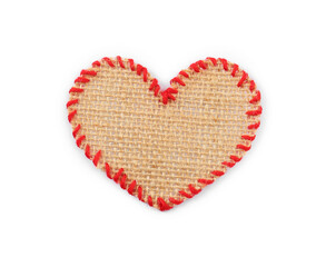 Heart of burlap fabric with red stitches isolated on white, top view