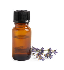 Bottle of essential oil and lavender flowers on white background