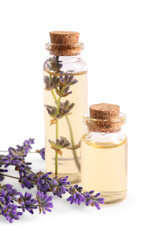 Obraz na płótnie Canvas Essential oil and lavender flowers on white background