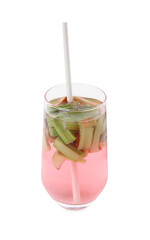 Glass of tasty rhubarb cocktail isolated on white