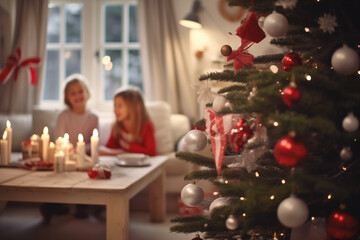 two brothers tell Christmas stories to each other in the living room with Christmas decorations on Christmas day by the Christmas tree.copy space