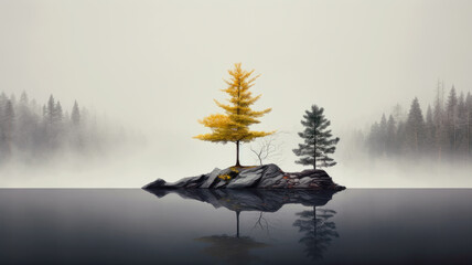 Two trees on rocks in lake on misty forest background, tranquil minimalist landscape. Peaceful simple nature scene in autumn. Concept of art, beauty, minimalism, travel, environment - obrazy, fototapety, plakaty