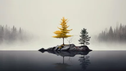 Foto op Plexiglas Two trees on rocks in lake on misty forest background, tranquil minimalist landscape. Peaceful simple nature scene in autumn. Concept of art, beauty, minimalism, travel, environment © karina_lo