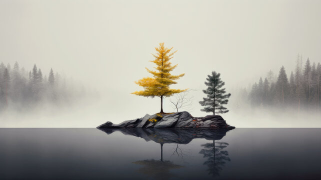Fototapeta Two trees on rocks in lake on misty forest background, tranquil minimalist landscape. Peaceful simple nature scene in autumn. Concept of art, beauty, minimalism, travel, environment