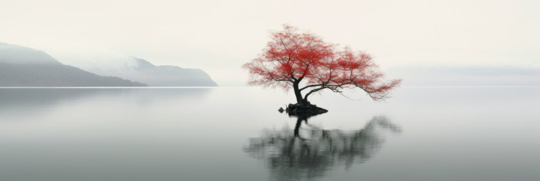 Lone tree with red leaves on lake in mist, panoramic minimalist landscape. Peaceful nature background. Concept of art, beauty, minimalism, travel, tranquil, environment, banner