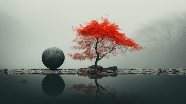 Lone red tree and stone ball on misty forest background, tranquil minimalist landscape. Peaceful foggy nature scene. Concept of art, beauty, minimalism, travel, mist