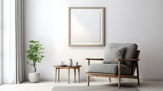 an empty living room with light colored walls and an arm chair with a blank frame above, in the style of zen minimalism