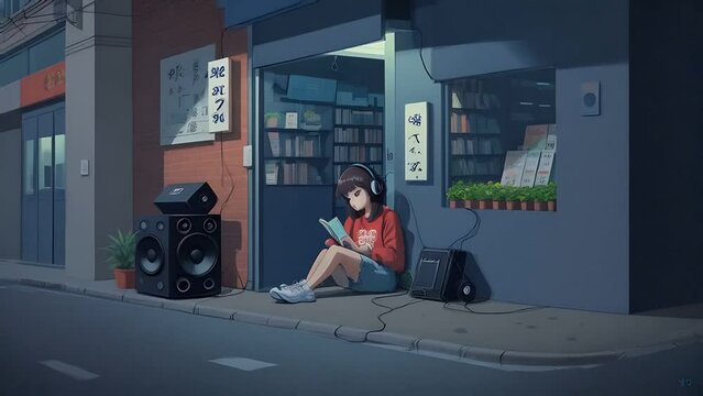 Cartoon young style girl studying while listening to music in the street Generative K illustration animation. Created using Generative AI Technology