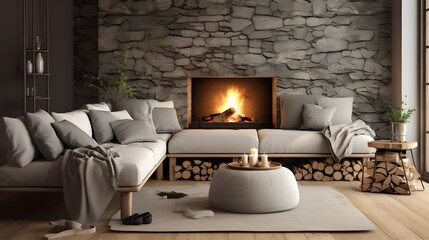 a room is featured with a fireplace and logs, in the style of vray tracing, gray and beige, outdoor scenes, organic texture, photorealistic rendering, organic and naturalistic compositions, use of fab
