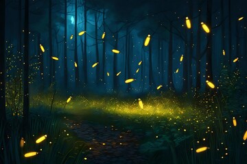 Fireflies, night forest landscape. Digital painting, 4k, high quality. Insects in forest at night. Tall trees, grass, yellow lights. Beautiful scenery, high quality firefly.