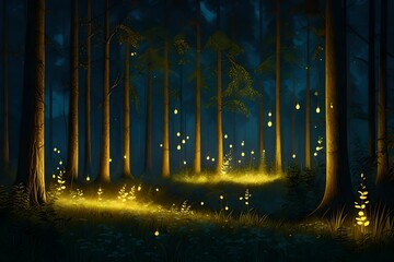 Fireflies, night forest landscape. Digital painting, 4k, high quality. Insects in forest at night. Tall trees, grass, yellow lights. Beautiful scenery, high quality firefly.