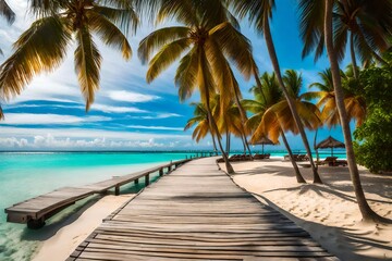 tropical paradise coast, palm trees, sandy beach with wooden pier. Exotic vacation destination...