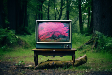 vintage television set sitting on a wooden bench in the grass, generative ai