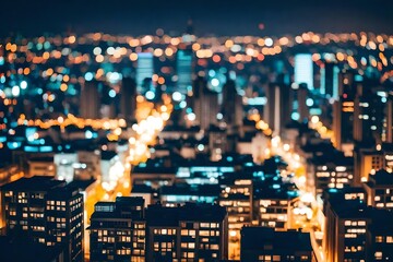 Blur city background rooftop view cityscape business building landscape night lights bokeh in cool vintage style.
