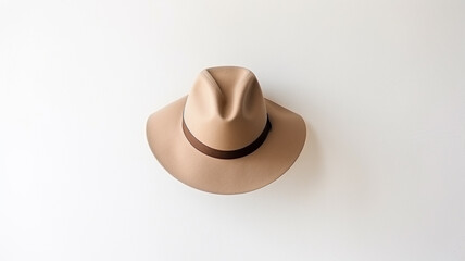 Fototapeta na wymiar Brown hat hanging on white wall. Top view with copy space. generativa IA