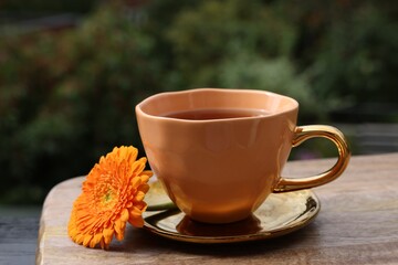 Naklejka na ściany i meble Cup of delicious chamomile tea and fresh calendula flower outdoors, closeup