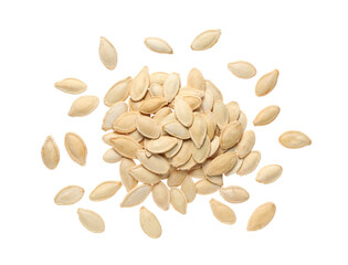 Heap of pumpkin seeds isolated on white, top view