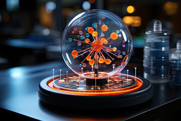 a snow globe on top of a table in front of a city at night time, with an orange glow coming from the center - obrazy, fototapety, plakaty
