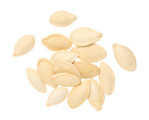 Dry pumpkin seeds isolated on white, top view
