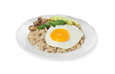 Tasty boiled oatmeal with fried egg, avocado and mushrooms isolated on white