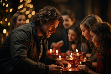 a man lighting a candle with two little girls sitting at a table in front of him and the woman looking on