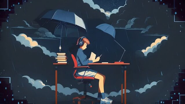 Girl studying at her desk Rainy or cloudy outside beautiful chill wallpaper K streaming background lo hip hop style animation. Created using Generative AI Technology