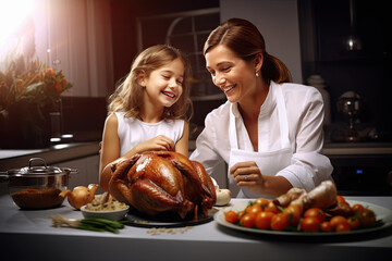 madre e hija haciendo pavo para acción de gracias en cocina moderna en tonos blancos