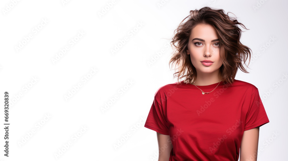Wall mural Brunette woman wearing red t-shirt isolated on gray background - Wall murals