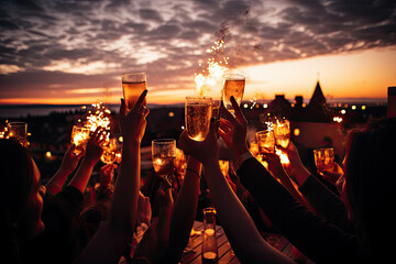 people raising their hands in the air and holding glasses with sparkles at night time on top of a rooftop