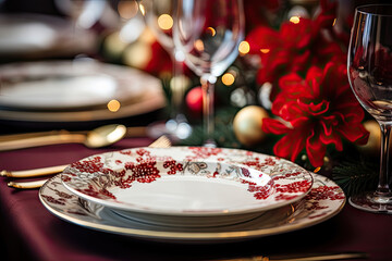a table setting with red and white plates, silverware, wine glasses and christmas lights in the back ground