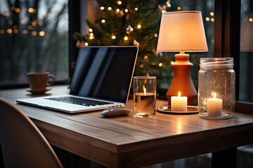 a table with a laptop, candle and glass jar on it in front of a christmas tree outside the window