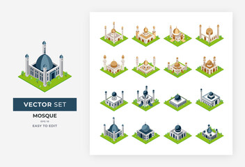 Beautiful mosque isometric set elements. Vector collection of modern mosque architecture buildings Islamic religious culture isolated white background. Easy to edit, eps 10.