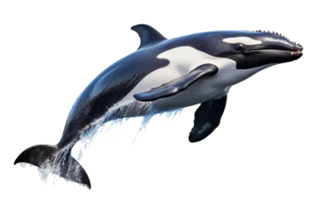 Muurstickers killer whale orcinus orca isolated on a transparent background, killer whale jumping out of the water over the blue sea surface close up. Generative AI © Breyenaiimages